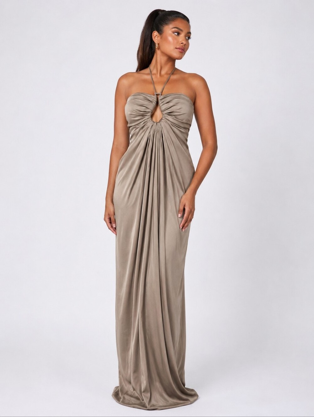 Kaufmanfranco Taupe Silk Halter Strap Evening Gown Size 10